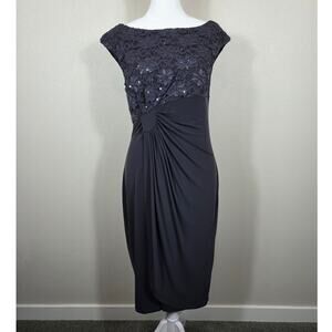 Dress Barn Collection Dark Gray Sequin Top Rouched Stretch Sheath Dress Size 8